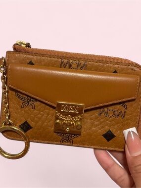 MCM Cognac Logo Keyring Card Case with Gold Hardware